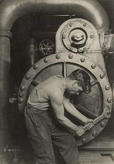 Lewis Hine, Mechanic at Steam Pump in Electric Power House, c. 1921
Vintage gelatin silver print, 6 5/8 x 4 5/8 in. (16.8 x 11.8 cm)
Photographer's Interpretive Photography, Hasting-on-Hudson stamp and numeric notations in pencil on print verso.

8526
$225,000