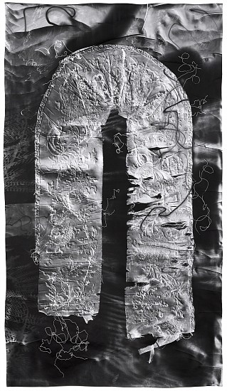 Klea McKenna, Imperfect Offering (2), 2018
Gelatin silver print; unique photogram with impression, 71 x 40 in. (180.3 x 101.6 cm)
Impression of fragment of silk tapestry embroidered with gold-wrapped thread. China, 1890s.
(price includes framing with Tru Vue Optium acrylic)
7702
$14,000