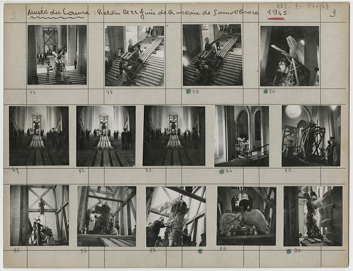 Pierre Jahan, Musée du Louvre, 1945
Vintage gelatin silver prints, 9 3/4 x 12 5/8 in. (24.8 x 32.1 cm)
Return of the works at the Louvre Museum
Retour de la Victoire de Samothrace
Contact prints mounted on layout board
(For sale as part of group of 9 boards)

7989