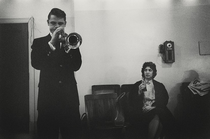 Paul J. Hoeffler, Chet Baker with Halema Baker, backstage at the Old War Memorial Auditorium, Rochester, 1956
Gelatin silver print; printed later, 11 x 14 in. (27.9 x 35.6 cm)
The King of Cool, Chet Baker (1929-1988) - pictured here with his, then, wife, Halema Baker (nÃ©e Alli) - was a trumpeter and known particularly for his vocal albums. Signed by the photographer.
7385
$1,000