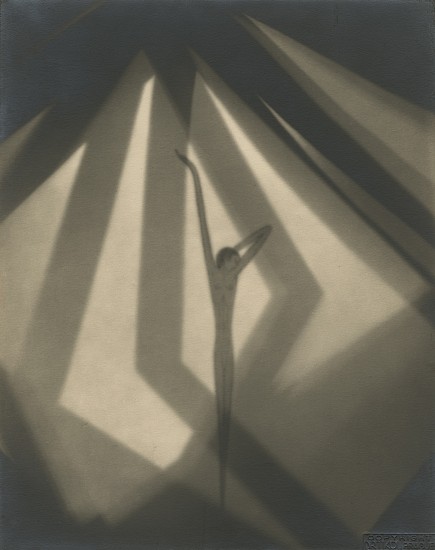 František Drtikol, Composition, 1930
Vintage gelatin silver print, 10 1/4 x 8 3/16 in. (26 x 20.8 cm)
Mounted 15 13/16 x 11 13/16 inches. Signed and dated in pencil on mount recto with photographer's embossed stamp on print recto; Photographer's name, address, title and 'IX" in ink and various notations in pencil with salon label from Uruguay and label from Art Institute of Seattle 1930 photographic exhibit affixed to mount verso.
8419