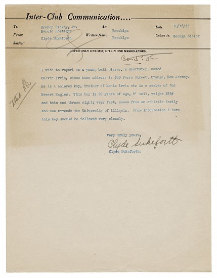 Calvin Irvin Scouting Report by Clyde Sukeforth, sent to Branch Rickey, October 16, 1945
Ink on paper, 11 x 8 1/2 in. (27.9 x 21.6 cm)
8514