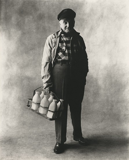 Irving Penn, Milkman (A), New York, 1951
Platinum-palladium print, 16 5/16 x 13 3/16 in. (41.4 x 33.5 cm)
Paper 22 1/2 x 17 3/4 in.
Signed twice, titled, dated, numbered 3/3, with "Platinum-palladium print made 1967" and "p. 110" twice, each circled, in pencil with copyright stamp with "1951" and "renewed 1979" in pencil and 2 "IRVING PENN" and 1 "hand coated by the photographer" stamps and stamp "In addition to 3 [3 in pencil] numbered prints of this image in platinum metals, unnumbered, but signed, silver prints not exceeding a total of 7 [7 in pencil] may exist."
8828
$90,000